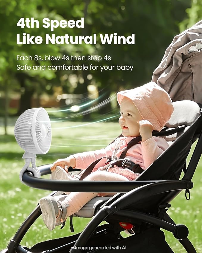 Gaiatop Oscillating Baby Stroller Fan with LED Lights, Rechargeable White | 4-Speed Quiet Cooling, 4.6 In, Battery Operated, 360° Rotate Clip On Small Portable Fans for Car Seat Crib Treadmill Travel - Image 5