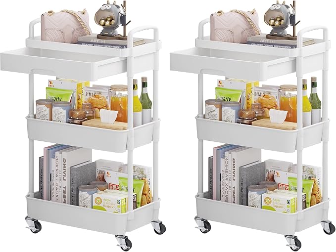 Calmootey 3-Tier Rolling Utility Cart with Drawer,Multifunctional Storage Organizer with Plastic Shelf & Metal Wheels,Storage Cart for Kitchen,Bathroom,Living Room,Office,White (Pack of 2) by Calmootey