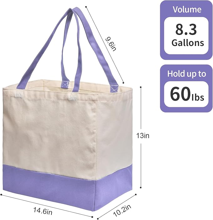 Reusable Grocery Bags Heavy Duty, 8.3 gal Foldable Large Canvas Tote Bag with Handles, Holds 60 lbs Canvas Shopping Bags, 3 Pack（Off White+Light purple） - Image 4