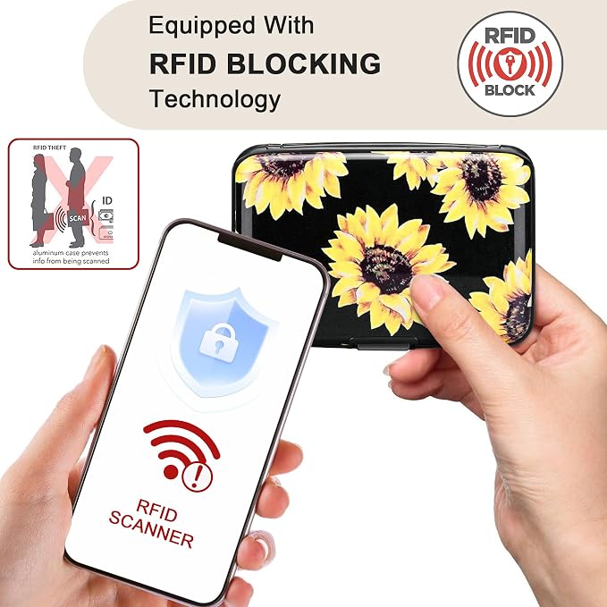 Mini RFID Aluminum Wallet Credit Cards Holder Business Card Case Metal ID Case for Men Women (Yellow sunflower) - Image 2