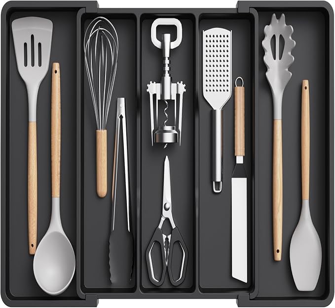 Lifewit Utensil Organizer for Kitchen Drawers, Expandable Utensil Tray | Adjustable Cooking Cutlery Silverware Flatware Holder, Plastic Spatula Tools Storage Divider, 11.5- 20 x 14.5", Black by Lifewit