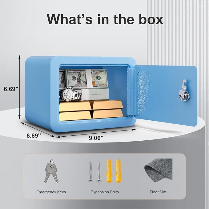 Marcree Mini Safe Box, 0.23 Cub Home Safes for Kids, Blue Small Safe | Money Box with Key Lock, Kids Safe for Money Cash Valueables, Stylish Security Safe for Gifts, 6.69 x 9.06 x 6.69 Inches - Image 2