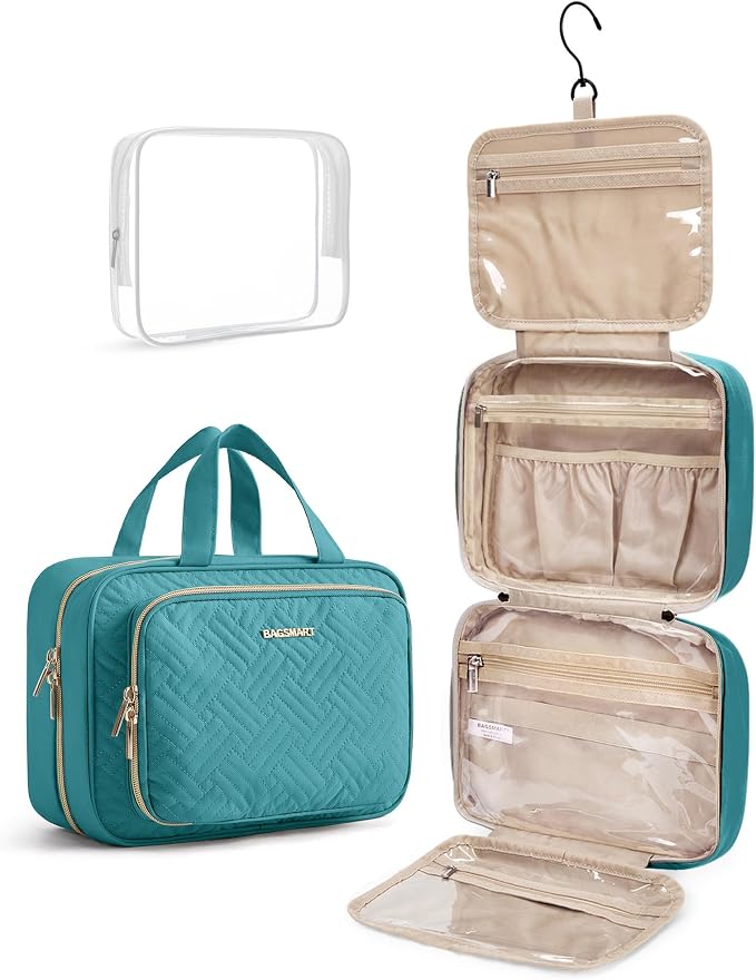 BAGSMART Toiletry Bag Hanging Travel Makeup Organizer with TSA Approved Transparent Cosmetic Bag Makeup Bag for Full Sized Toiletries, Medium-Blue by BAGSMART