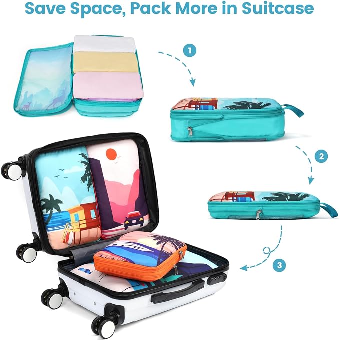 Cambond Compression Packing Cubes for Travel - 4 Set Tourist Landscape | 4 Set Keep Clothes Sorted, Easy to Find with Color-Coded Sizes, Compression Zip Design, Lightweight, Luggage Space Tidy - Image 6
