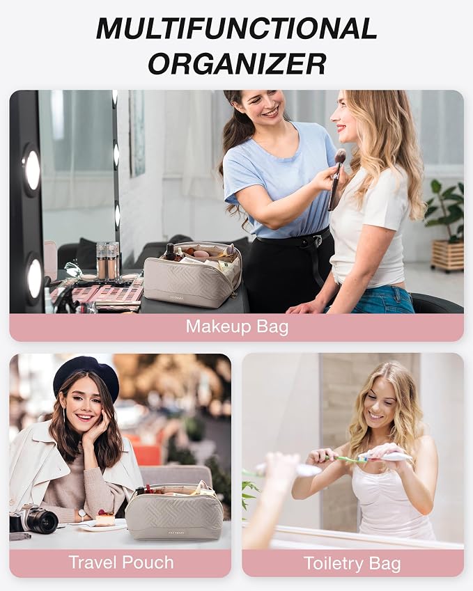 BAGSMART Makeup Bag Cosmetic Bag, Travel Makeup Bag,Water-resistent Makeup Bags for Women Portable Pouch Open Flat Make Up Organizer Bag for Toiletries, Brushes, Tranquil Gray - Image 6