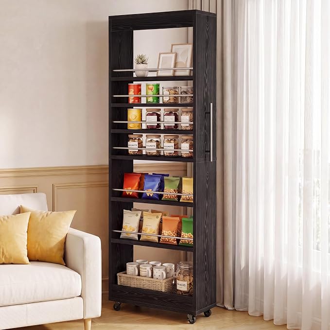 Tribesigns 73" Tall Slim Storage Cart on Wheels, 7-Tier Narrow Pantry Cabinet, Rolling Skinny Spice Rack Organizer Next to Fridge, Wooden Pull-Out Storage Shelf for Kitchen Small Spaces, Black - Image 5