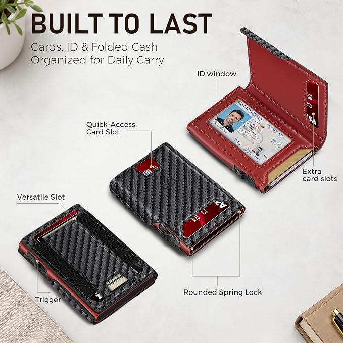 RUNBOX Wallet for Men, RFID Blocking Pop-Up Card Holder, Black+RED | Minimalist Aluminum Smart Wallet with ID Window, Compact Credit Card Holder, Stretchable Cash Slot, Birthday Gift for Men - Image 3