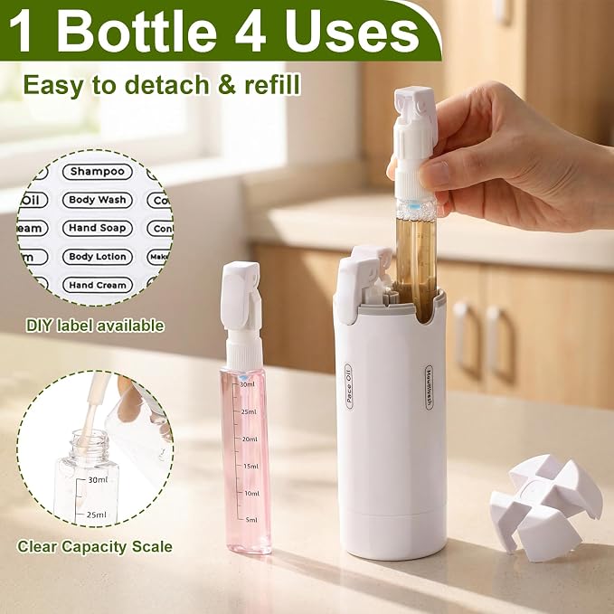 4 in 1 Travel Dispenser with 4 Pack 30ml Travel Bottles and Label Refillable & Leak Proof Portable Toiletry Containers with Locks for Shampoo Lotion Conditioner Cream (White) - Image 3