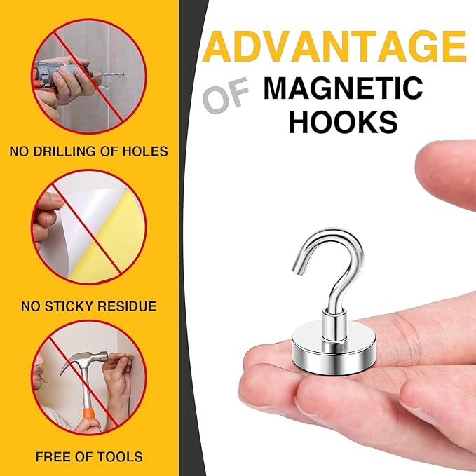 DIYMAG Magnetic Hooks 20pcs 30lbs+ Cruise Essentials 2026 Magnet Hook | Neodymium Heavy Duty Strong Magnets Hanging Ship Cabins Refrigerator Fridge Classroom Beach Vacation Kitchen Grills Home Tool - Image 6