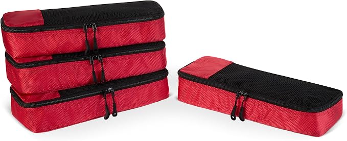Amazon Essentials 4-Piece Space-Saving Packing Cubes Travel Accessories Set, Luggage Organizer with Double Zipper, Mesh Top, Polyester, Slim, Red (Previously Amazon Basics) by AmazonEssentials