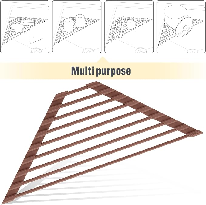 Tomorotec Triangle Roll Up Dish Drying Rack with Silicone Coating, Brown | 304 Stainless Steel with BPA-Free Silicone, Triangle Design Maximizes Sink Corner Space, Fits Compact Kitchens And RVs - Image 7