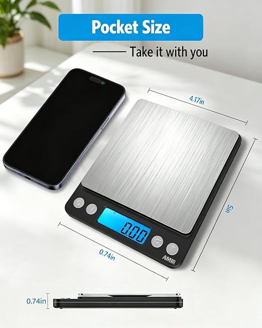 AMIR Digital Kitchen Scale, 500g/0.01g Mini Pocket Jewelry Scale, Cooking Food Scale with Backlit LCD Display, 2 Trays, 6 Units, Auto Off, Tare, PCS Function, Stainless Steel, Battery Included, Black - Image 5