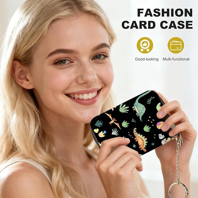 Credit Card Holder for Women,Small Rfid Wallet with Keychain Zipper,Cute PU Leather Card Case Wallet，Accordion Credit Card Wallets Gift,Little Dinosaur - Image 6