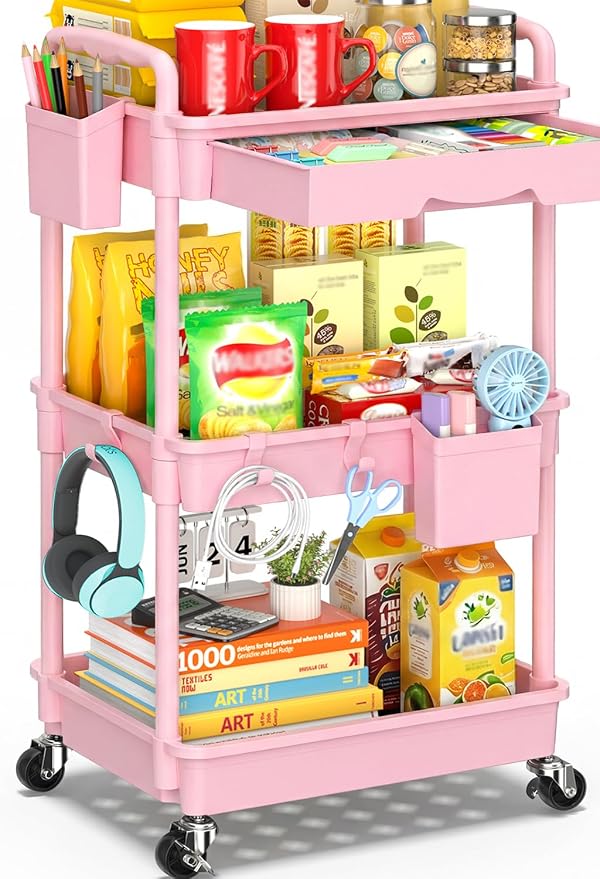SUNALLY 3 Tier Rolling Cart with Drawer, Craft Storage Cart Organizer, Pink | Bathroom Storage Organizer with 2 Lockable Wheels, Rolling Utility Cart for Kitchen, Office, Baby, Makeup, Nail,Snack,Laundry by SUNALLY