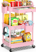 SUNALLY 3 Tier Rolling Cart with Drawer, Craft Storage Cart Organizer, Pink | Bathroom Storage Organizer with 2 Lockable Wheels, Rolling Utility Cart for Kitchen, Office, Baby, Makeup, Nail,Snack,Laundry by SUNALLY