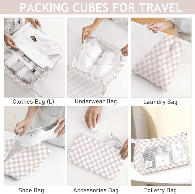 KPX 8 Set Packing Cubes for Travel, Luggage Packing Organizers Accessories Large Toiletries Bag for Clothes Shoes Cosmetics (8Set-Nude Pink Plaid) - Image 4