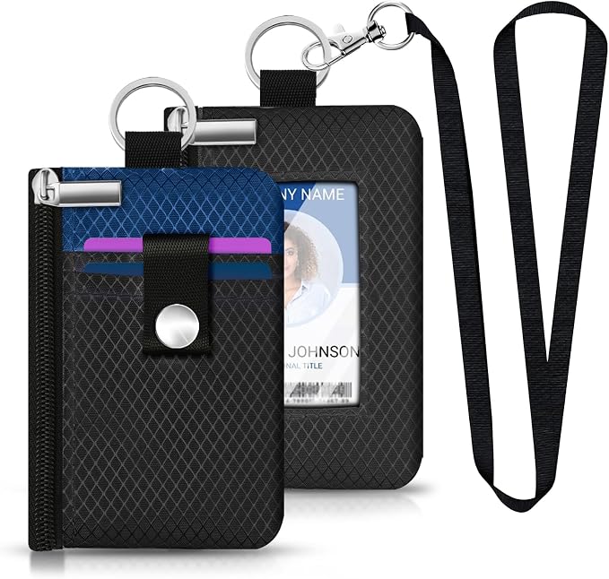 Minimalist RFID Blocking Small Wallet with ID Window,WaterResistant Zip Id Case Wallet with Lanyard Keychain for Cards,Cash,Travel,Women,Men (Black/Electric Blue) - Image 6