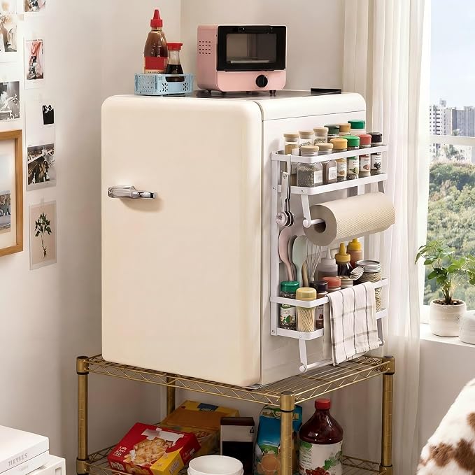Vercraft Magnetic Dorm Fridge Organizer Heavy Duty Metal 66lbs over Dorm Fridge Shelf Essentials Side of Fridges Paper Towel Holder with Storage Shelf Hooks Magnetic Spice Rack for Room Kitchen(White) - Image 4