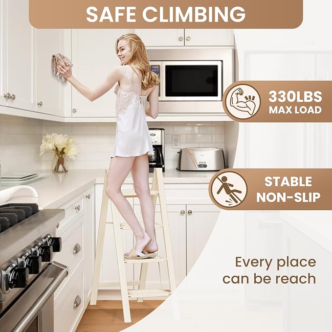 4 Step Ladder, Foldable Step Stool with Wide Anti-Slip Pedal | Portable, Sturdy Carbon Steel, 330LBS Capacity, Easy Storage, Space Saving, for Kitchen, Closet, Cream White - Image 2
