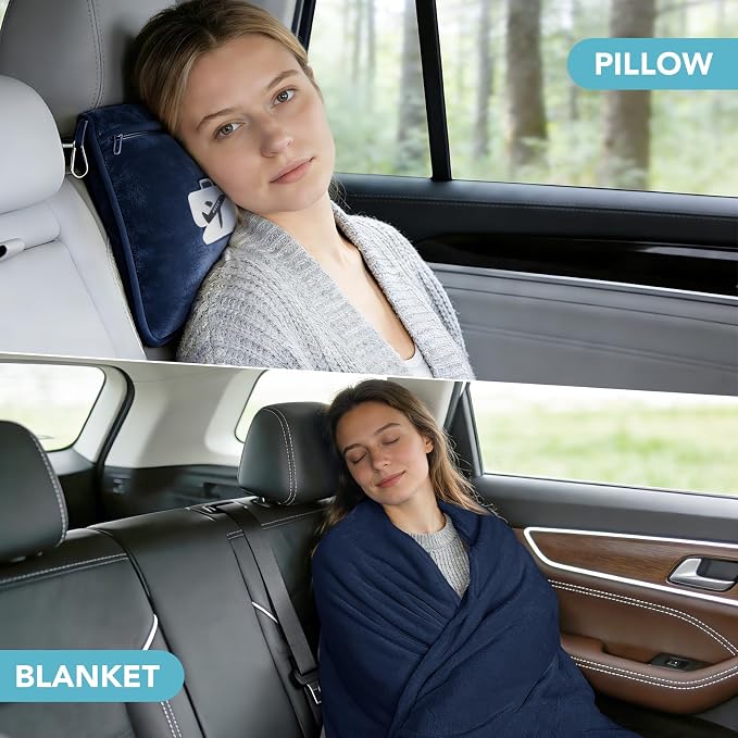 Travel Pillow and Blanket 2-in-1 Set, Navy Blue, 60x50 Inch | Plane Packable , Soft Warm and Lightweight Flannel, Hand Luggage Sleeve and Backpack Clip, Plane Flight Car Trips - Image 3