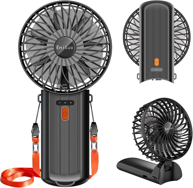 Portable Handheld Mini Fan, 6-15H Cooling Small Personal Device, 180 Foldable Desk Fan With 4 Quiet Speed, Neck Fan W/Lanyard for Kids Women Men Travel Outdoor Office, Black by Enituo