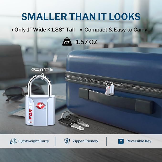 Forge Small Size TSA Approved Luggage Locks: Key Locks for Travel. Ultra Secure Dimple Key Travel Locks Alloy Body Luggage Locks. Silver 2-Pack. - Image 3