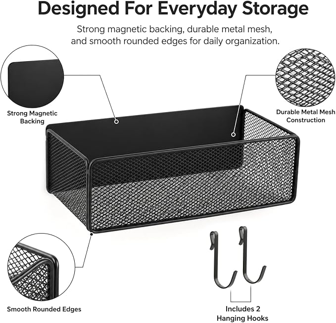 Magnetic Basket Organizer with 2 Hooks, Strong Magnetic Shelf for Fridge | Metal Mesh Storage Basket for Refrigerator, Kitchen, Garage, Office and Pegboard - Image 4