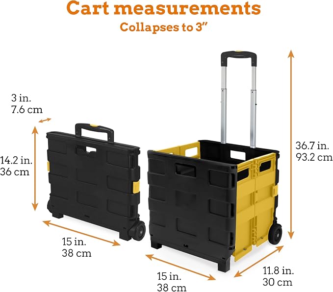 Inspired Living Ultra-Slim Rolling Collapsible Storage Pack-N-Roll Utility-carts, with Telescopic Handle, for Home, Garden, Shopping, Office, School use, Medium, Yellow & Black - Image 2
