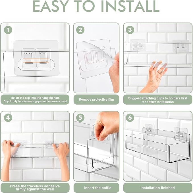 Acrylic Adhesive Cabinet Door Organizers 2Pack 13"x4" Clear Shelf Wall Bins | No-Drill Wall Organizers, Clear Visible Storage, Caddy Bins for Shower Bathroom Kitchen Under Sink RV Camper Organization - Image 5