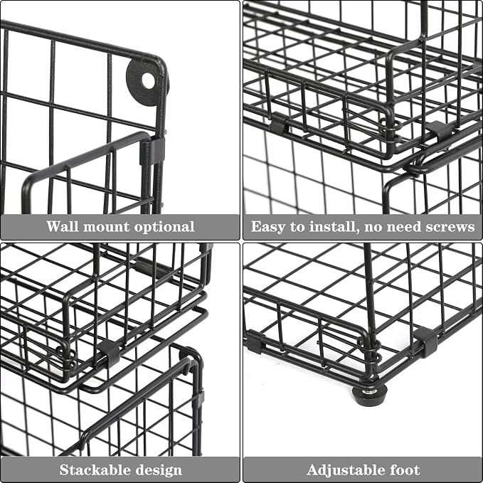 X-cosrack Stackable Wire Basket 3 Tier Countertop& Wall Mounted Metal Storage Basket for Kitchen Pantry Cabinet, Muti-functional Open Front Bin Organizer for Food Fruit Snack, Black - Image 8