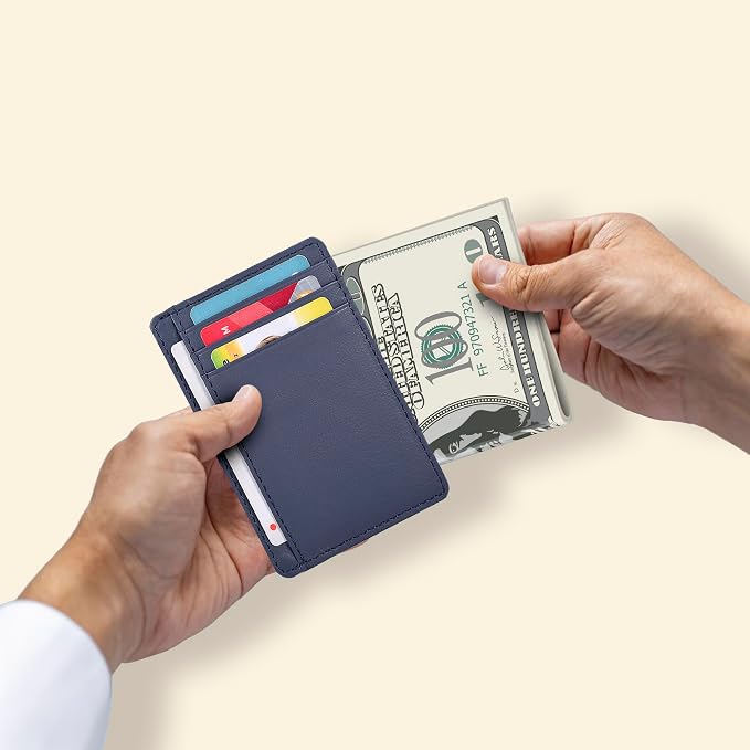 Nappa Navy Leather Slim Minimalist RFID Blocking Front Pocket Wallet, Card - Image 4