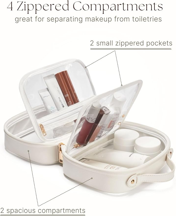 Clear Cosmetic Bag Double Layer Travel Toiletry Bag Clear Makeup Bag Case with 4 Compartments, Transparent Travel Bag for Toiletries, Large Toiletry Bag for Women Cosmetic Case (White, Small) - Image 3
