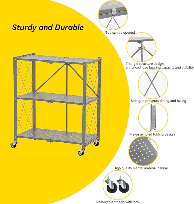 BRIAN & DANY 3-Tier Foldable Storage Shelves with Wheels, No Assembly Folding Shelf Metal Rack, Shelving Unit for Kitchen, Garage, Gray - Image 4