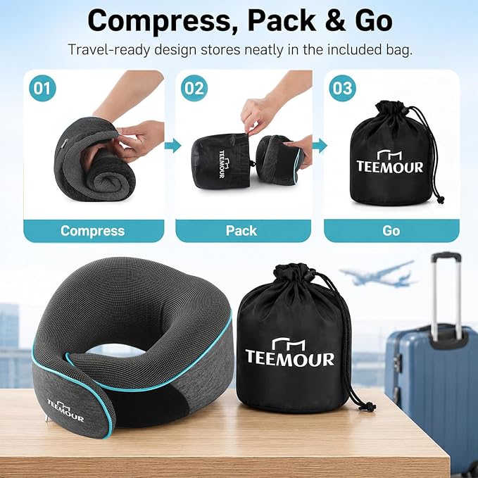 Travel Neck Pillow for Airplane -Memory Foam Travel Pillow for Long Flights/Car Sleep 360° Support Airplane Pillow, With Eye Mask & Earplugs, Portable Carry Bag | Airplane Accessories Washable Cover - Image 6
