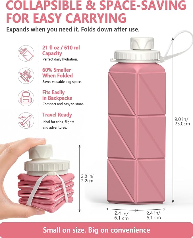 BEAUTAIL Collapsible Water Bottles 21oz/610mL, Silicone Travel Water Bottle | BPA Free, Leakproof & Reusable, Foldable Water Bottle for Traveling, Hiking, Gym, School, Sports, Outdoor, 1-Pack, Pink - Image 2