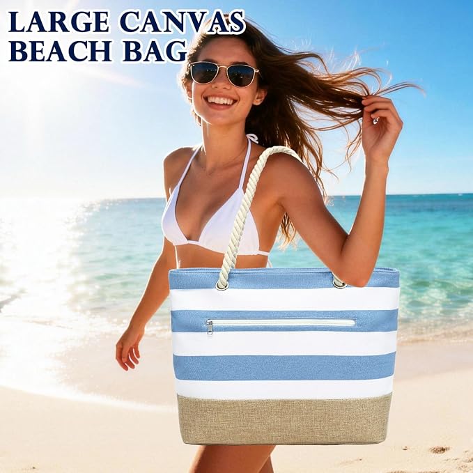 Fammart Beach Bags Waterproof Sandproof for Women, Large Canvas Pool Bag with Leakproof Wet Pocket & Zipper Cruise Essentials - Image 2