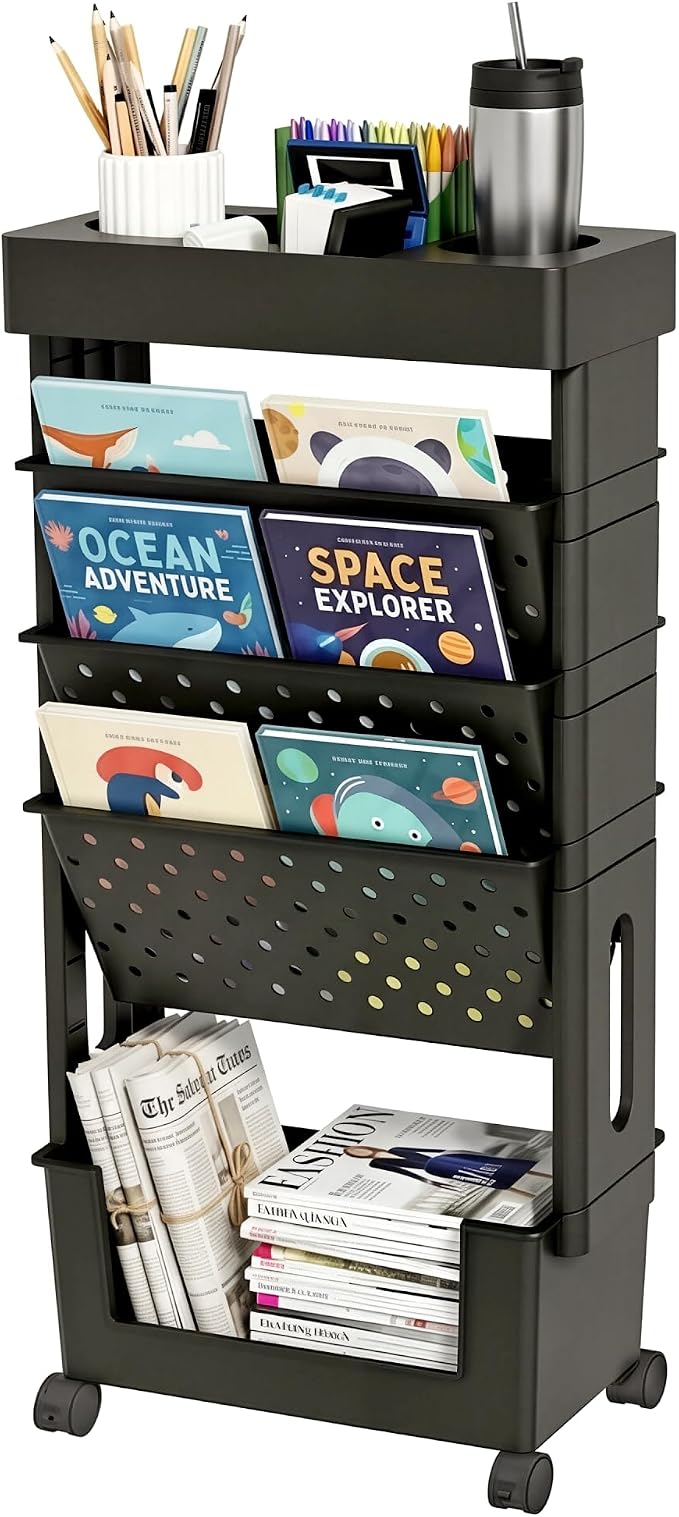 5-Tier Rolling Bookshelf Magazine Rack with Wheels Black | Mobile Bookcase, Book Storage File Folder Organizer Cart for Home Study Office Living Room Classroom by yeavs