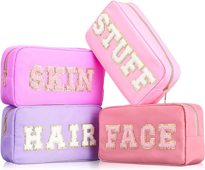 Preppy Makeup Bags Chenille Letter Stuff Bag Nylon Cosmetic Pouch Cases with Zipper for Women Travel Toiletry(Mixed Color,Classic,4 Pcs) by Cunno