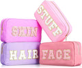 Preppy Makeup Bags Chenille Letter Stuff Bag Nylon Cosmetic Pouch Cases with Zipper for Women Travel Toiletry(Mixed Color,Classic,4 Pcs) by Cunno
