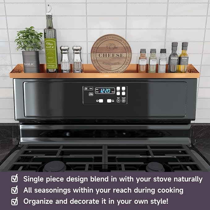 STUTOV 30" Magnetic Stove Top Shelf – Brushed Copper Spice Rack and Seasoning Organizer – Kitchen Shelf for Back of Stove – Over Stove Rack and Storage Organizer - Image 2