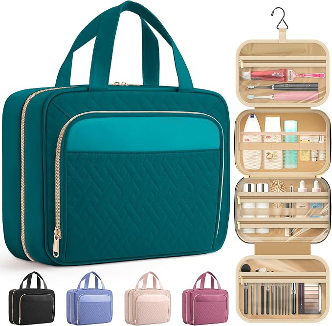 HOTOR Hanging Travel Toiletry Bag Women Men, Teal, Medium | Waterproof Makeup Bag Hanging Hook,Multiple Pockets,Travel Essentials,11.2 x 3.2 x 8.9inches by HOTOR