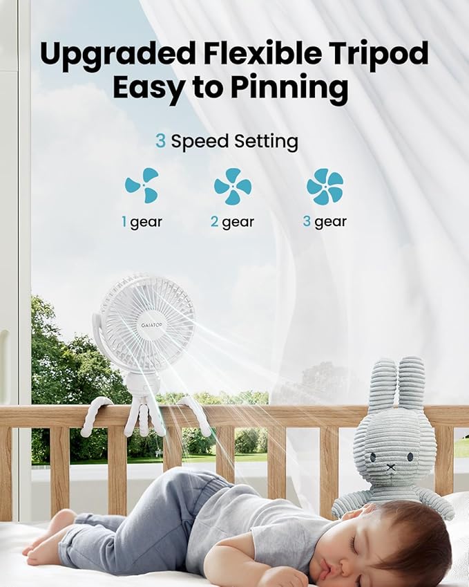 Gaiatop Mini Portable Stroller Fan, Small Clip on Fan 3 Speed Rechargeable | 360° Rotate Flexible Tripod, Battery Operated Detachable, Cooling for Car Seat Crib Treadmill Travel White - Image 3