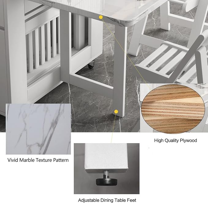 Folding Dining Table with Storage, Kitchen Table for Small Spaces | Foldable, Drop Leaf, Movable, 4 Wheels, Space Saving, Extendable, Marble Texture Top, for Apartment Kitchen Living Room White - Image 6