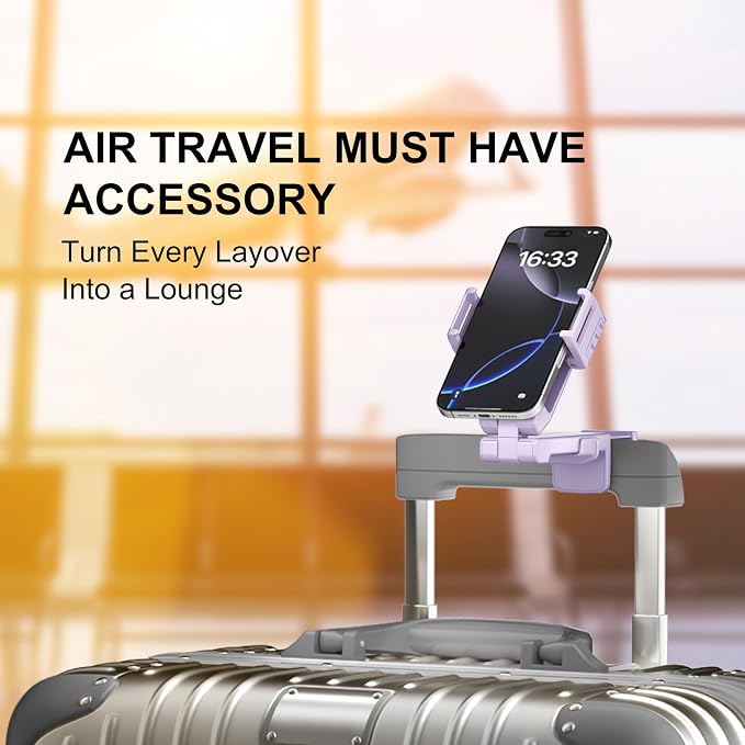 Perilogics Gen 2 Airplane Phone Holder Mount, Travel Phone Stand, Purple | Upgraded Silent Hinge, 360° Adjustable, Compact Size, Wider Clamp Fits iPhone, Android & Gaming Devices - Image 2