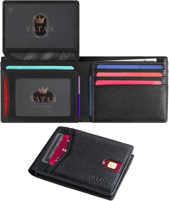 VATAN Wallet for Men Slim RFID Blocking Leather Credit Card Holder Wallet for 15 Cards, Bifold Minimalist Thin Wallet with 2 ID Windows & Cash Slot, With Gift Box (Cross Grain Black) by VATAN