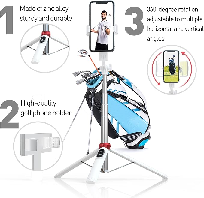 62" Phone Tripod & Selfie Stick for Golf Training | Cell Phone Tripod Stand with Wireless Remote and iPhone Holder, Golf Training Aid - Compatible with iPhone Android (White) - Image 2