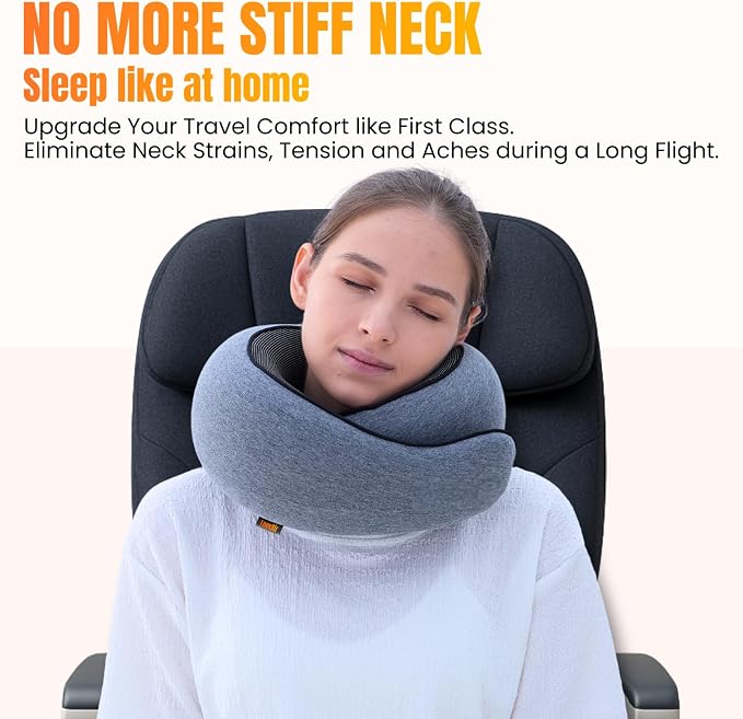 LOEXAIR™ Travel Pillow, Neck Pillow Travel for Airplane, Car - 100% Cotton Fabric & Memory Foam Plane Pillow, Lightweight & Easy-to-Carry on Flight, Full Travel Set (Eye Mask, Earplugs) - Light Grey - Image 3