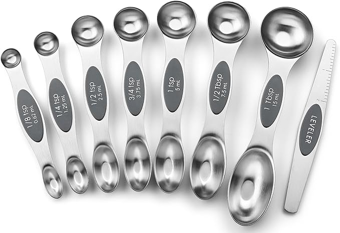 Spring Chef Stainless Steel Magnetic Measuring Spoons Set of 8, Gray | Stackable Metal Teaspoon & Tablespoon Measuring Spoons with Leveler for Dry & Liquid Ingredients, Dual Sided, Dishwasher Safe by SpringChef
