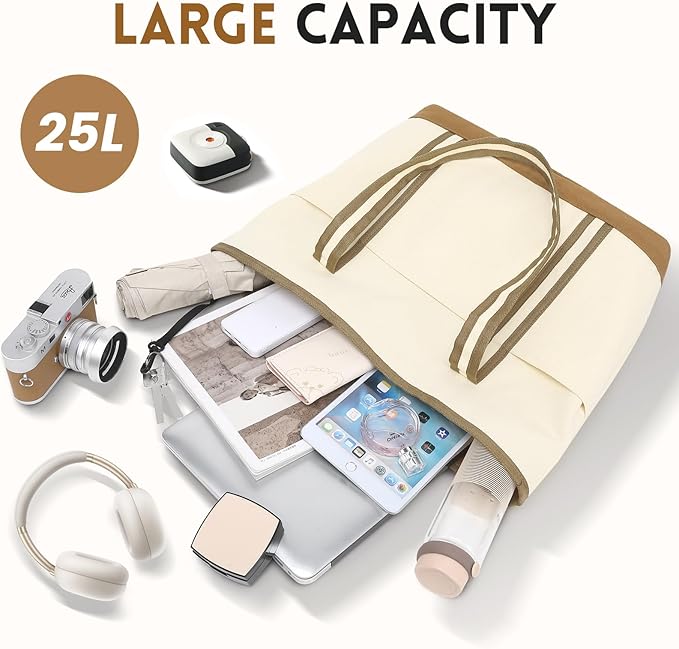 Large Canvas Tote Bag for Women, Beach Bag with Zipper, Utility Tote Bag with 3 Front Pockets, Weekender Pool Bag - Image 3