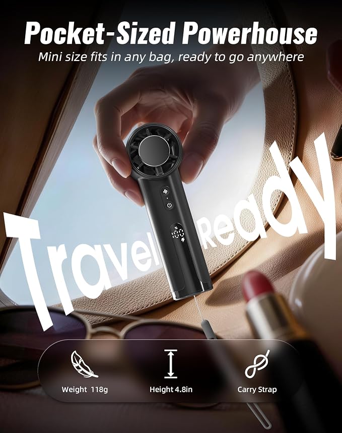 Portable Handheld Fan, Turbo Power 18800 RPM Fast Charge Digital Display 100 Speeds Adjustable, Mini Pocket Design Birthday Gifts for Women Men Travel Cruise Camping Outdoor, Black - Image 2